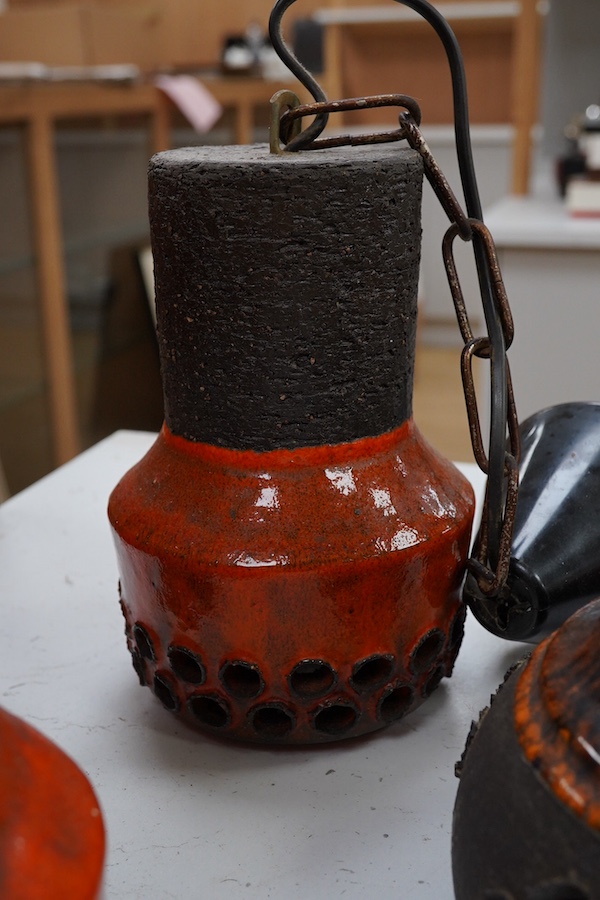 A set of three 1970s Danish pottery brown and orange glazed pendant lights and two other larger similar pottery lights, 19cm high (5). Condition - good